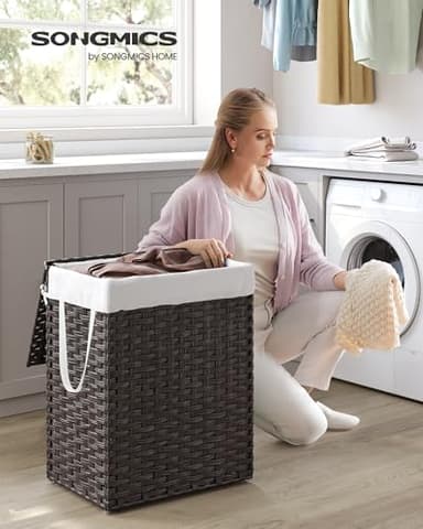 SONGMICS Laundry Hamper with Lid, 23.8 Gallon (90 L) Synthetic Rattan Clothes Laundry Basket with Lid and Handles, Foldable, Removable Liner, Chestnut Brown ULCB051K02 - Image 2