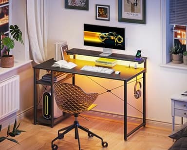 MOTPK 40 Inch Small Gaming Desk with Storage & Led Lights, Computer Desk with Power Outlet & Shelf, Reversible Gamer Desk with Adjustable Monitor Stand, Carbon Fiber Texture Black - Image 9