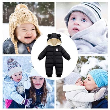 Happy Cherry Hooded Puffer Jumpsuit for Baby Boys Girls Long Sleeve Winter Romper Warm Snowsuit Coat Down Jacket 0-6 Months Black - Image 2