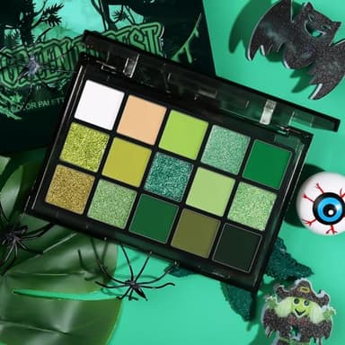UCANBE Green Eyeshadow Makeup Palette, 15 Colors Bright Dark Green Shimmer Matte Metallic Glitter Eye Shadow, Forest Emerald Lime Pallet Kit for Cosplay Parties Christmas Halloween SFX - Image 6