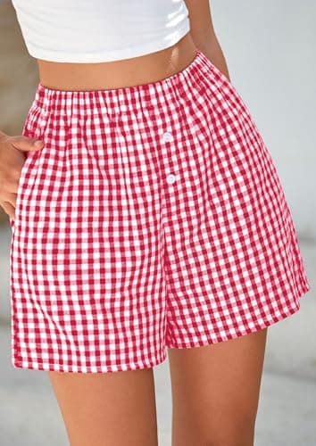 PRETTYGARDEN Womens Shorts Boxers 2025 Summer Gingham Pajama Lounge Sleep Y2K Plaid Pj Shorts Beach Bottoms(Red,Large) - Image 5