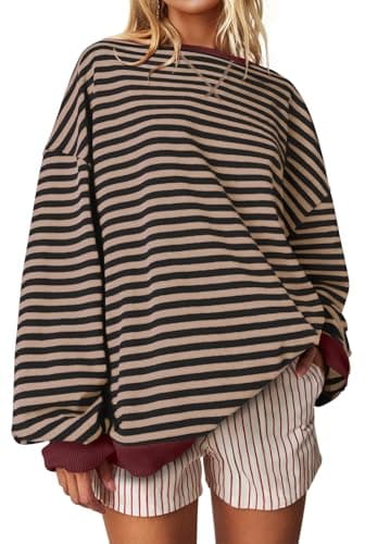 UEU Womens Oversized Crewneck Sweatshirt Striped Color Block Shirt Long Sleeve Pullover Sweaters Black Coffee Large - Image 1