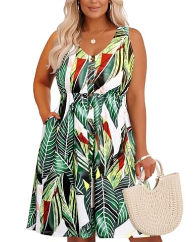 Holipick Women's Plus Size Summer Dresses for Women Casual Dress with Pockets A-Line Swing Button Down Sleeveless V Neck - Image 1