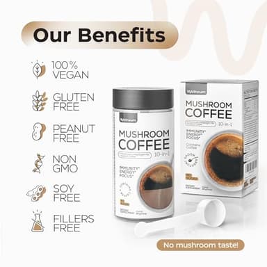 Mushroom Coffee - 10-in-1 Mushroom Superfood Adaptogen Mix - Lion's Mane, Chaga, Turkey Tail, Reishi, Organic Arabica Instant Coffee - for Gut Health, Immunity, Energy - Sugar Free - 7,4 oz (35 Serv) - Image 9