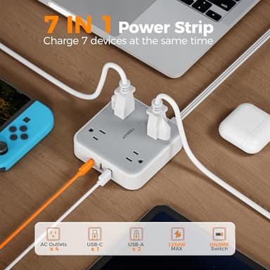 TESSAN Surge Protector Flat Extension Cord 5Ft, Flat Plug Power Strip with 4 Outlets 3 USB Ports (1 USB C), 900 Joules Protection, Multiple Wall Outlet Extender Suitable for Home Office Dorm, Grey - Image 4