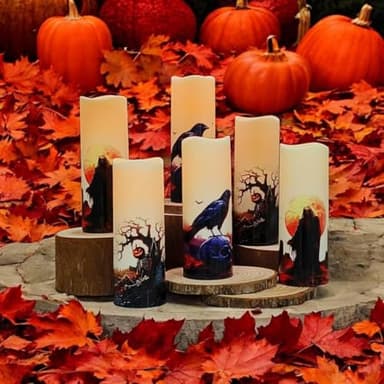 Halloween Flameless LED Candles, Set of 6, Gothic Design with Remote Control, 6 in x 2.15 in, 2AA Battery Operated 400+ Hours, Timer Function, Halloween Decorations in Fall, Indoor/Outdoor Ues. - Image 5