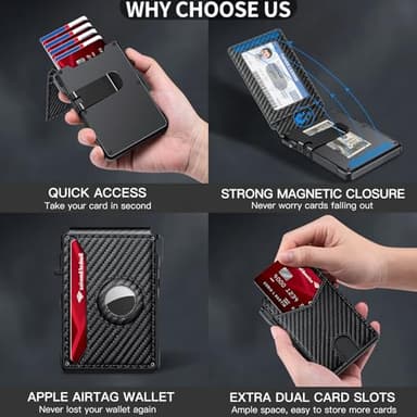 Airtag Wallet for Men, Mens Smart Wallet for Air Tag RFID Blocking, Minimalist Bifold Pop Up Aluminum Credit Card Case Holder 12+ Cards with ID Window, Gift for Men, No Airtag Included, Carbon Fiber - Image 6