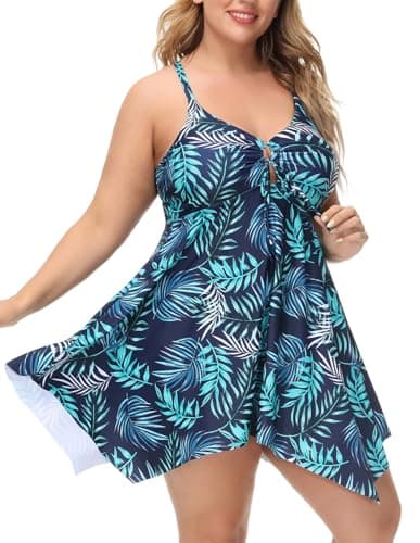 Women's Crisscross Back Floral High Waist Tankini Swimwear Two Piece Swimsuits 20W Blue Leaves - Image 1
