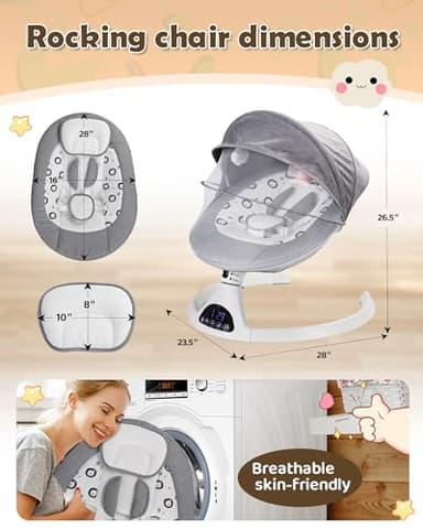 Electric Baby Swing for Infants to Toddler Portable Babies Swings Timing Function 5 Swing Speeds Bluetooth Touch Screen Music Speaker with 10 Preset Lullabies 5-Point Carabiner Gray - Image 6