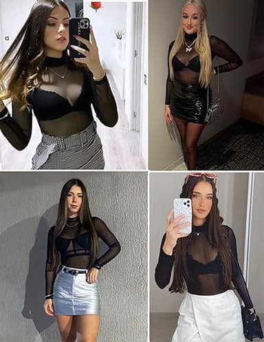 GAMISS Womens Mesh Top Long Sleeve Mock Neck Mesh Shirt Fitted Sheer Tops Mesh Undershirt Black XL - Image 5