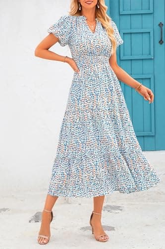 MASCOMODA Summer Maxi Dresses for Women 2025 Casual V Neck Puff Short Sleeve Smocked Flowy Beach Boho Long Floral Dress(Floral Blue White,Medium) - Image 2