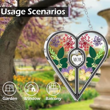 KY&BOSAM Heart Suncatcher Mom Stained Glass for Windows Hangings Wind Chimes with Pressed Flower Heart in Glass with Metal Trim Heart Charm Birthday Gifts for Women Mother`s Day Christams Home Decor - Image 7