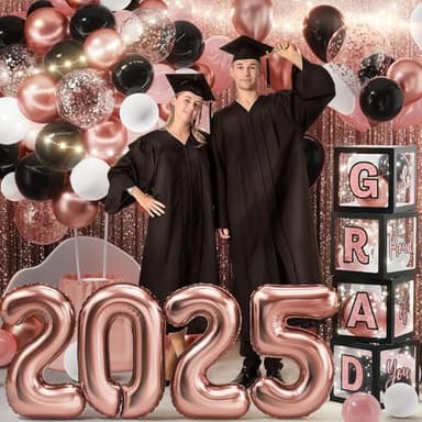 Graduation Party Decorations Class of 2025-86 PCS Grad Party Supplies With LED Light Strings Balloon Block Boxes with Letters Foil Curtain Backdrop 2025 Balloon Garland Kit - Black Pink Rose Gold - Image 4