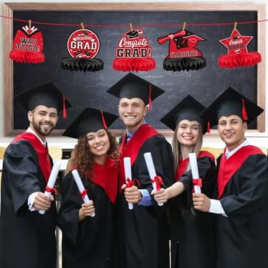 9PCS Graduation Decorations 2025 Congrats Grad Table Centerpiece Congratulate Graduation Honeycomb Table Toppers for Graduation Party Supplies(Red,Black） - Image 5