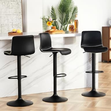 HeuGah Bar Stools Set of 3, Swivel Counter Height Barstools with Back, Adjustable Height 24" to 32", Black Faux Leather Bar Chairs for Kitchen Island (Black, Set of 3 (24'' to 32'')) - Image 1