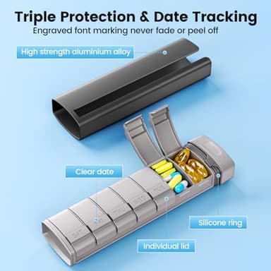 Daviky Metal Travel Pill Organizer, Premium Aluminum Pill Box 7 Day, Weekly Daily Pill Case, Stylish&Cute Pill Holder for Medicines, Supplements and Vitamins (Gray) - Image 3