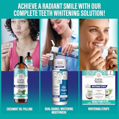 GuruNanda Total Smile Makeover Kit Regular with Cocomint Oil Pulling, Dual Barrel Whitening Mouthwash, Whitening Strips & Butter on Gums Toothbrushes - Image 5