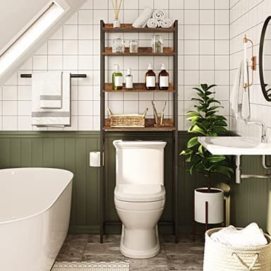 MAHANCRIS Over The Toilet Storage Rack, 4 Tier Bathroom Organizer Over Toilet, Freestanding Space Saver Toilet Stand with 2 Hooks, Bathroom Storage Shelf, Easy to Assemble, Rustic Brown TSHR0401Z - Image 3