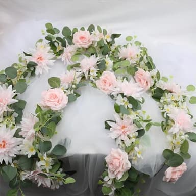 DIYDOFUN Pack of 2 Artificial Rose Flower Garland with Greenery - 5.6 FT Eucalyptus Garlands Floral Garlands for Wedding Arch Mantle Backdrop Patio (Light Pink & White, 2 X 5.6 FT Garlands) - Image 4
