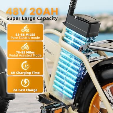 1000W Folding Electric Bike, 48V 20AH Large Removable Battery E Bike, 30+MPH, 80 Miles Max Range, 20" Fat Tire Electric Bicycle for Adults, Adult Electric Bicycles for Commute Beach Snow,Sandstorm - Image 3