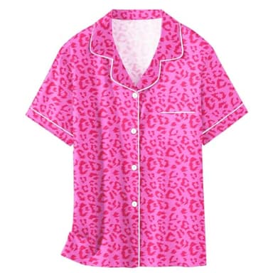 Women Silk Pajamas Sets Satin Button Up Pajama Silky Summer Sleepwear Pjs Set, Hot Pink Leopard, Medium - Image 7