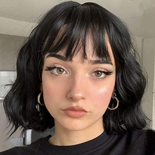 MISSQUEEN Short Wavy Black Wig with Bangs, Short Black Bob Wigs for Women, Wavy Bob Wig with Bangs Synthetic Natural Looking Heat Resistant Fiber Wigs - Image 1