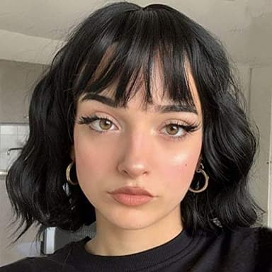 MISSQUEEN Short Wavy Black Wig with Bangs, Short Black Bob Wigs for Women, Wavy Bob Wig with Bangs Synthetic Natural Looking Heat Resistant Fiber Wigs - Image 1