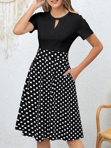 YATHON Women's Vintage Fit and Flare Cocktail Dresses Retro Black White Polka Dot Print Summer Aline Casual Work Swing Dress with Pockets (L, YT018-Black Dot) - Image 4
