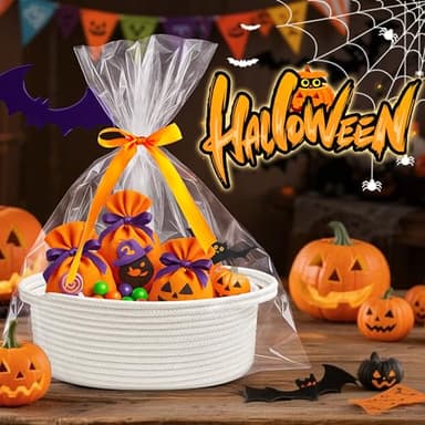 Pro Goleem Small Woven Basket with Gift Bags and Ribbons Durable Baskets for Halloween Gifts Empty Small Rope Basket for Storage 12"X 8" X 5" Baby Toy Baskets with Handles, White - Image 8