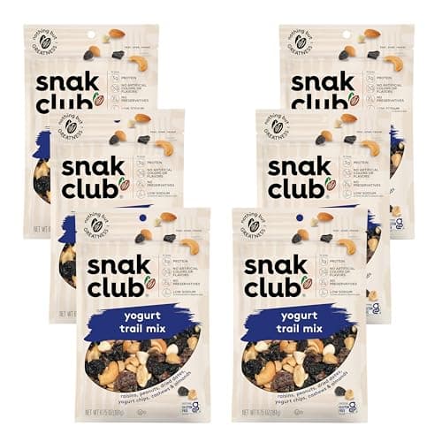 Snak Club Yogurt Trail Mix with Raisins, Peanuts, Dried Dates, Yogurt Chips, Cashews, and Almonds, Gluten-Free and Kosher Snack, 6.75 oz Resealable Bags, 6 Pack - Image 1
