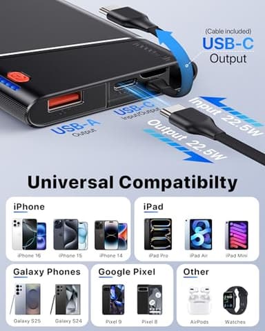 Aaoyun Portable Charger Power Bank, 10000mAh 22.5W PD Super Fast Charging Powerbank with Built-in USB C in&Out Cable, Slim External Phone Battery Pack for iPhone 17/16 Samsung S24 etc (Grey) - Image 6