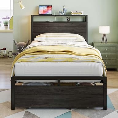 LIKIMIO Twin Bed Frames with Drawer, Storage Headboard with Outlets, No Box Spring Needed, Easy Assembly, Gray Black - Image 6