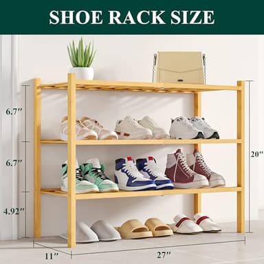 Smiry Shoe Rack, 3 Tier Bamboo Shoe Organizer, Stackable Free Standing Wooden Shoe Storage Shelf for Closet, Entryway, Front Door Entrance, Natural - Image 2