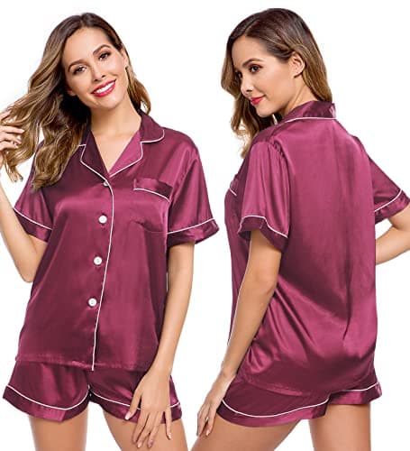 LecGee Womens Silk Satin Pajamas Short Sleeve Loungewear Two-Piece Sleepwear Button-Down Pj Set - Image 1