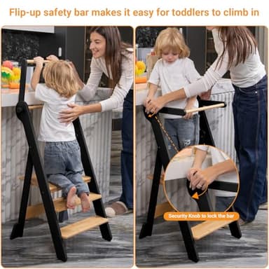 COSYLAND Foldable Toddler Standing Tower - Adjustable Height Folding Step Stool Kid Toddler Kitchen Stool Helper for Learning and Cooking - Ages 18 Months to 6 Years with safety Net Natural & Charcoal - Image 5