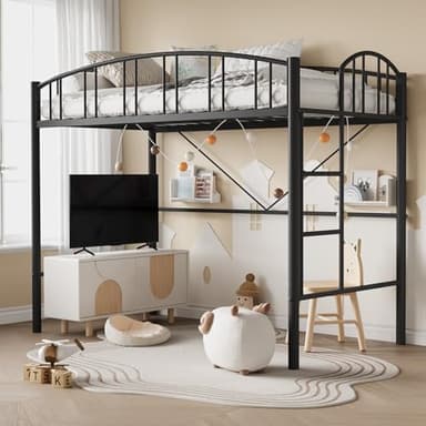 GarveeHome Loft Bed Twin Size, Heavy Duty Metal Loft Bed Frame with Arched Guardrail and Safety Ladder, Space-Saving, No Box Spring Needed, Matte Black - Image 1