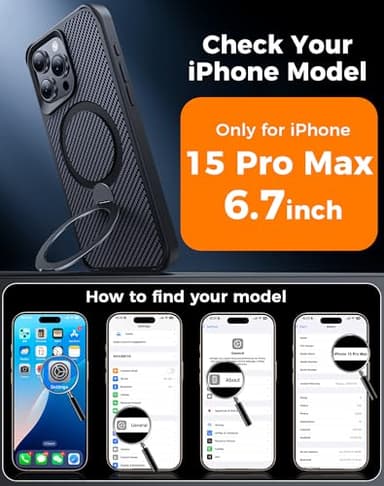 FlyReal Designed for iPhone 15 Pro Max Case with 360° Magnetic Stand, Carbon Fiber Phone Case [Compatible with Magsafe] [16FT Military Protection] with Stand Ring 6.7'', Black - Image 8