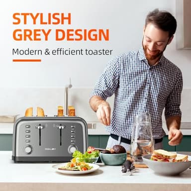 RAMJOY Grey Toaster 4 Slice, Dual Independent Controls, Extra Wide Slot Toasters for Bagel, Bread, Waffles, 7 Shade Settings, 4 Main Functions, Removable Crumb Tray, 1500 Watts, Grey Stainless Steel - Image 2