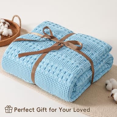 David's Home 100% Cotton Waffle Blanket Queen Size, Lightweight Breathable Soft Cooling Blanket for All Seasons, Gift for Women, Aesthetics Home Decor for Couch Sofa Bedding,Sky Blue,90x90 - Image 4
