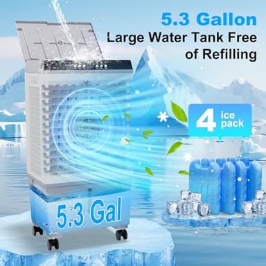 Uthfy Swamp Cooler Air Conditioner, Evaporative Air Cooler with 5.3 Gallon Water Tank, 4 Ice Box, Remote, 12H Timer, 120°Oscillation, Portable Cooling Fan with 3 Speeds for Bedroom Home Office - Image 5