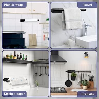 Paper Towel Holder, Self Adhesive or Drilling Paper Towel Holder Under Cabinet, Stainless Steel Black Paper Towel Holders Wall Mount for Kitchen, Bathroom, Sink, Pantry, Fridge - Image 2
