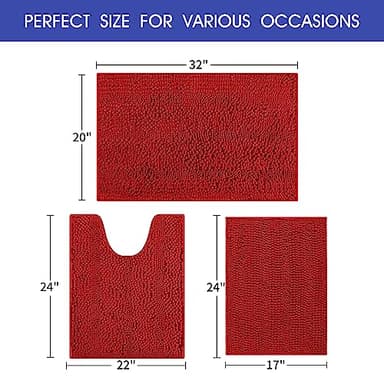 ACCUMTEK Striped Red Ultra Soft Bathroom Rugs and Mats Set 3 Pieces Rug Set, Thick Chenille Bath Rugs Non Slip Bath Mats for Bathroom, Toilet, Bedroom, Kitchen, Burgundy - Image 2