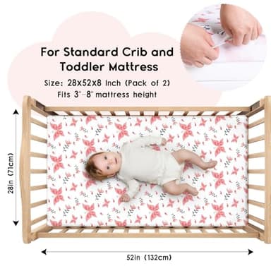 Yoofoss Baby Crib Sheets for Boys Girls, Fitted Crib Sheet 2 Pack for Standard Crib and Toddler Mattress, Super Soft Microfiber Baby Sheet 28x52x8in Pink + Butterflies - Image 2