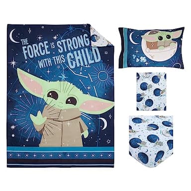 NoJo Star Wars The Child Little Bounty Blue, Green and White Grogu The Force is Strong with This Child 4 Piece Toddler Bed Set Comforter, Fitted Bottom Sheet, Flat Top Sheet and Reversible Pillowcase - Image 9