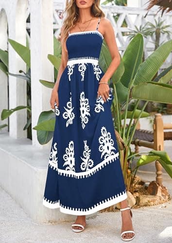 PRETTYGARDEN Summer Dress for Women 2025 Floral Sundress Spaghetti Strap Flowy Beach Vacation Boho Maxi Dresses (Dark Blue White Floral,Small) - Image 3