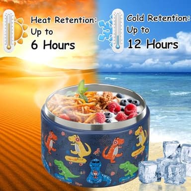 Pawtong 12oz Insulated Vacuum Food Jar with Buckle Lid Wide Mouth Soup Thermo for Hot Food Kids Leakproof Stainless Steel Lunch Container (Blue-Dinosaur) - Image 5