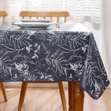 Heavy Duty Vinyl Tablecloth with Flannel Backing Waterproof Oil-Proof Plastic Table Cloth Stain-Resistant Wipeable Rectangle or Square Table Cover for Indoor and Outdoor (Blue Leaf，60x102 Inch) - Image 2