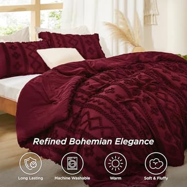 Bedsure Tufted Boho Comforter Set Full Size - Dark Red Boho Bed Set, GentleSoft™ 3 Pieces Farmhouse Shabby Chic Embroidery Bedding, Gifts for Woman, Soft Jacquard Full Comforter for All Seasons - Image 3