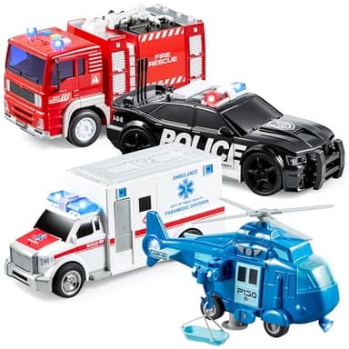 JOYIN 4 Packs Emergency Vehicle Toy Playsets, Friction Powered Vehicles with Light and Sound, Including Fire Truck, Ambulance, Play Police Car and Helicopter, Christmas Toddler Kids Boys Gifts - Image 1