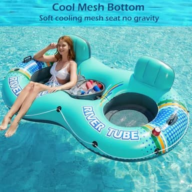 Jasonwell Heavy Duty 2 Person Inflatable River/Pool Tube Float with Removable Cooler, Tubes for Lake, Floating River Raft Lounge Floatie with 2 cup Holders For Adults, Cyan - Image 4